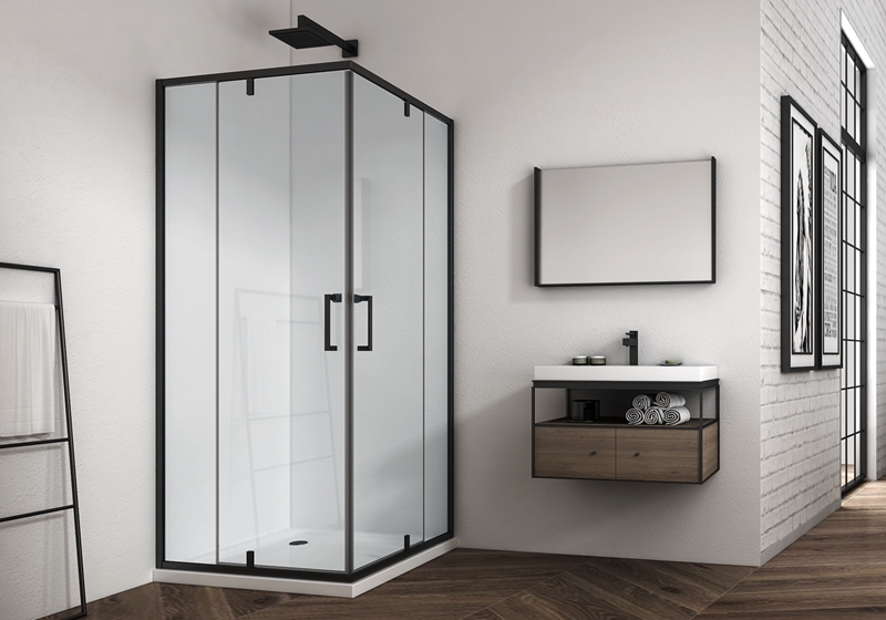 EX-309-3 Coin 6 mm 2 verres fixes + 2 portes charnières en verre plus cabine de douche avec finition noir mat
