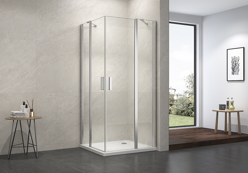 EX-411A Cabine de douche classique à pivot d'angle de 6 mm avec 2 barres de support en acier inoxydable