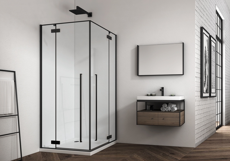 EX-427-1 Cabine de douche premium à charnière noire mate 6/8 mm avec 2 portes ouvertes