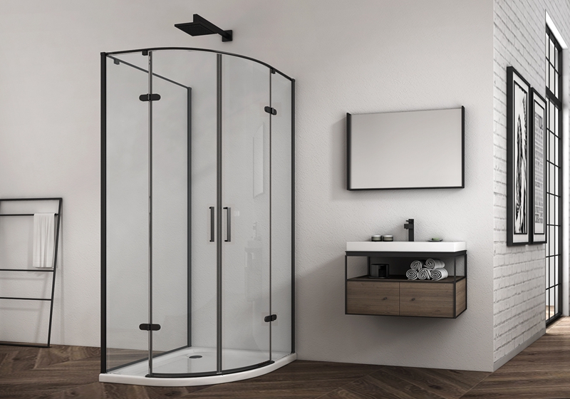 EX-427-4 Cabine de douche premium à charnière quart de cercle noir mat 6/8 mm + verre latéral