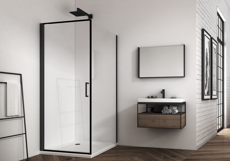EX-921 Cabine de douche premium à charnière carrée noire mate 6/8 mm avec bande imperméable